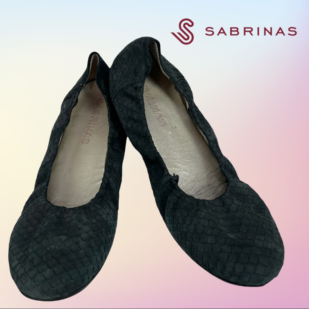 SABRINAS Black Suede LONDON Scale Print Ballet Flats Sz 41